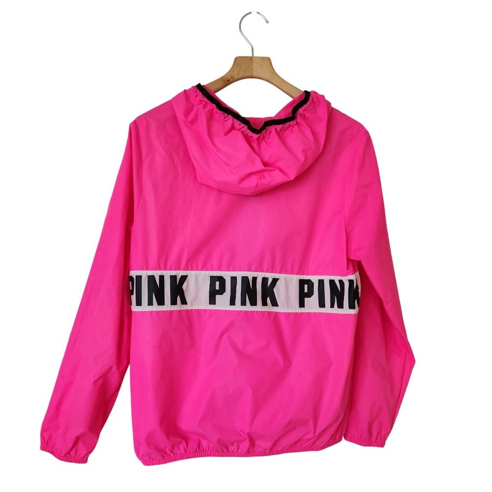 Victoria's Secret Pink Hooded Windbreaker Jacket Neon Pink Black Summer Gym XS - Picture 2 of 8